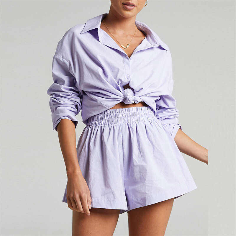 Summer New Fashionable Color Blocked Single Breasted Shirt, Elastic Shorts Two-Piece Set 661 KLMY