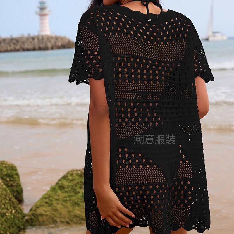 New Sexy Hollow Texture Lace Collar Loose Fitting Pullover Mid Length Vacation Sun Protection Beach Cover