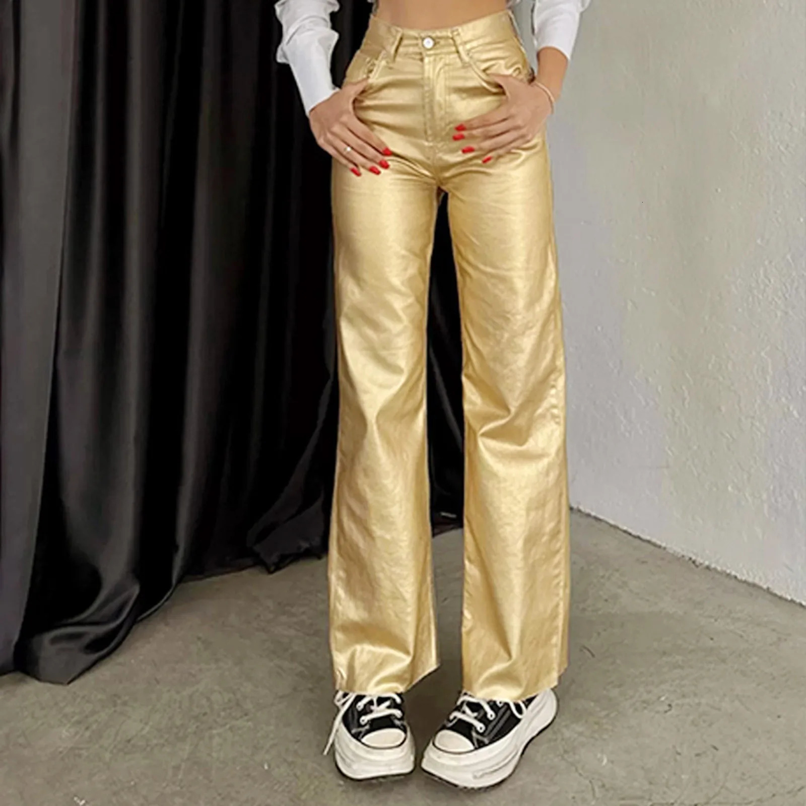 Womens Fashion Gold Silver High Waist Straight Pants Vintage Pockets Elegant Loose Fit Womens Shiny Pants Trousers 250305
