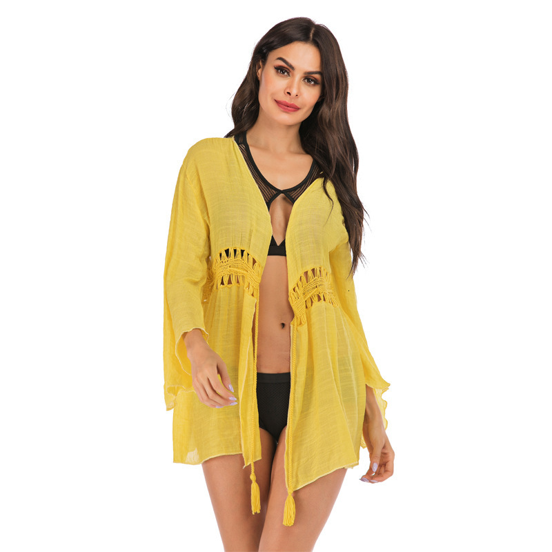 Beach Vacation Loose Sun Protection Shirt With Hollow Waist And Lace Swimsuit, Outerwear, Beach Bikini Cover Up