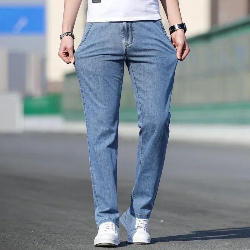 Thin Summer Jeans Mens Loose Stretch Gray Fashion Business Trousers Casual Straight Baggy Denim Pants Men 250311