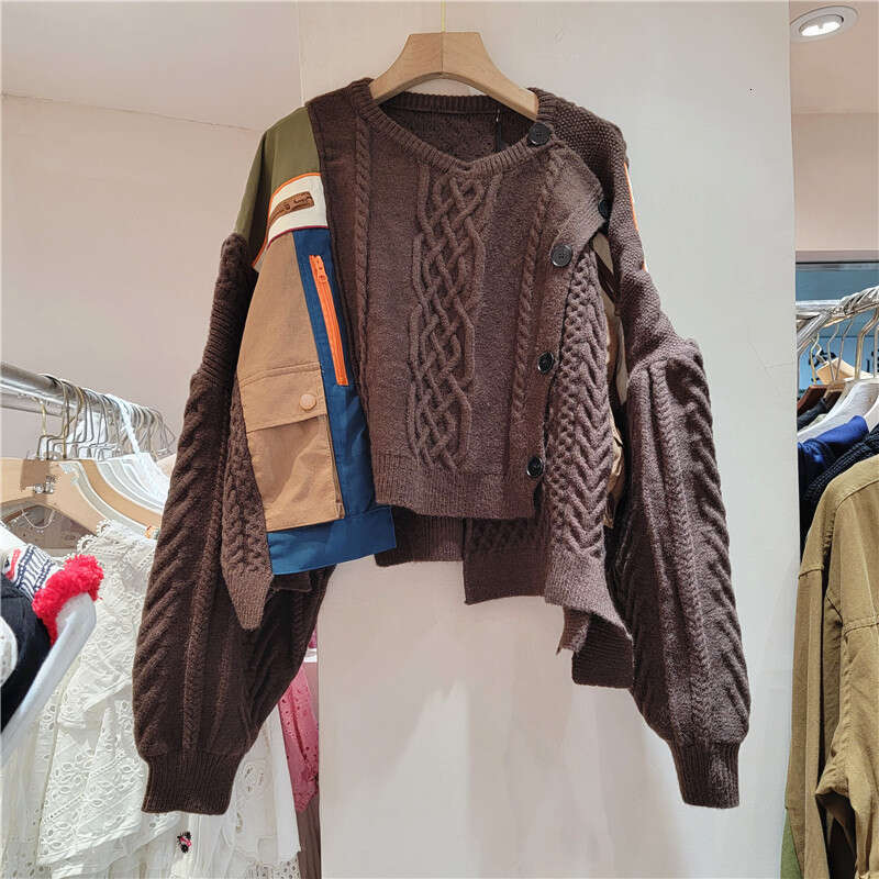 2023 Winter New Korean Soft And Lazy Top With A High-End Feel, Super Beautiful Fashion, Versatile Coffee Color Splicing Sweater