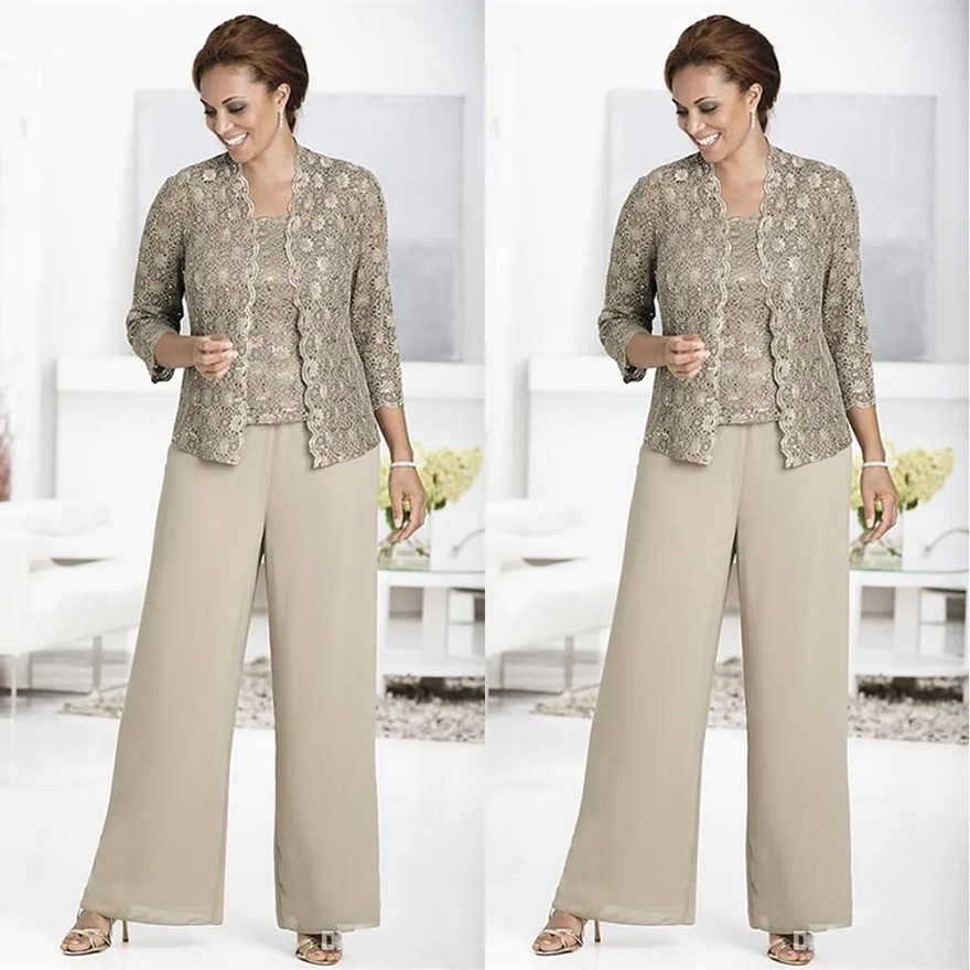 Three Pieces Mother Of The Bride Suits With Lace Jacket 2025 Chiffon Pants Suit Wedding Guest Dresses Mom Formal Occasion Party Gowns