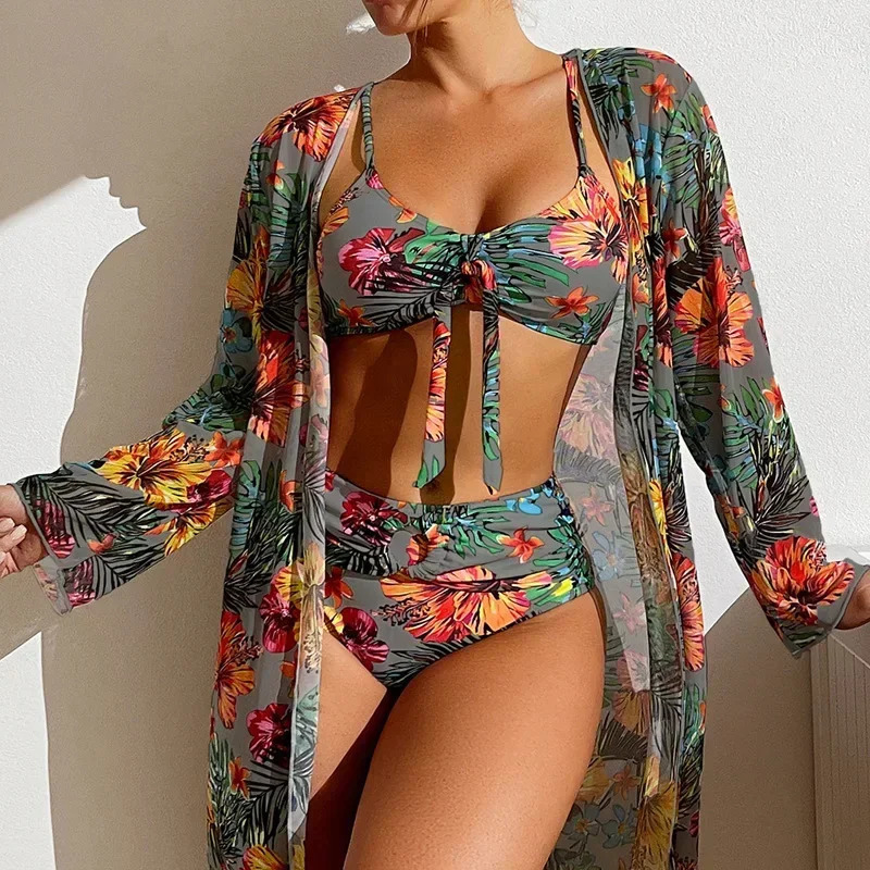 Sexy womens beach bikini three piece set swimsuit high waisted print 250310