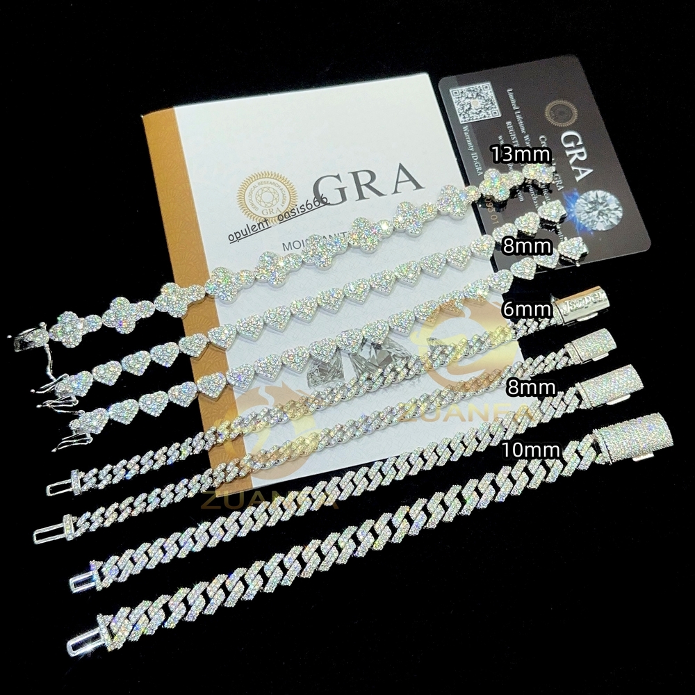 Hot Selling Hip Hop Jewelry 6mm 8mm 10mm Sterling Silver 925 Heart Shape Iced Out Cuban Link Bracelet Moissanite Cuban Bracelet