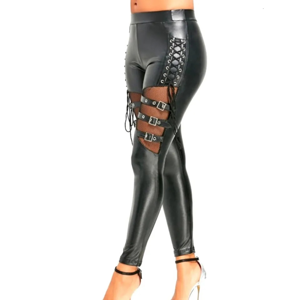 Womens pants PU leather ultrathin club pants gothic punk pants fishnet decorative pants pencil pants 250305