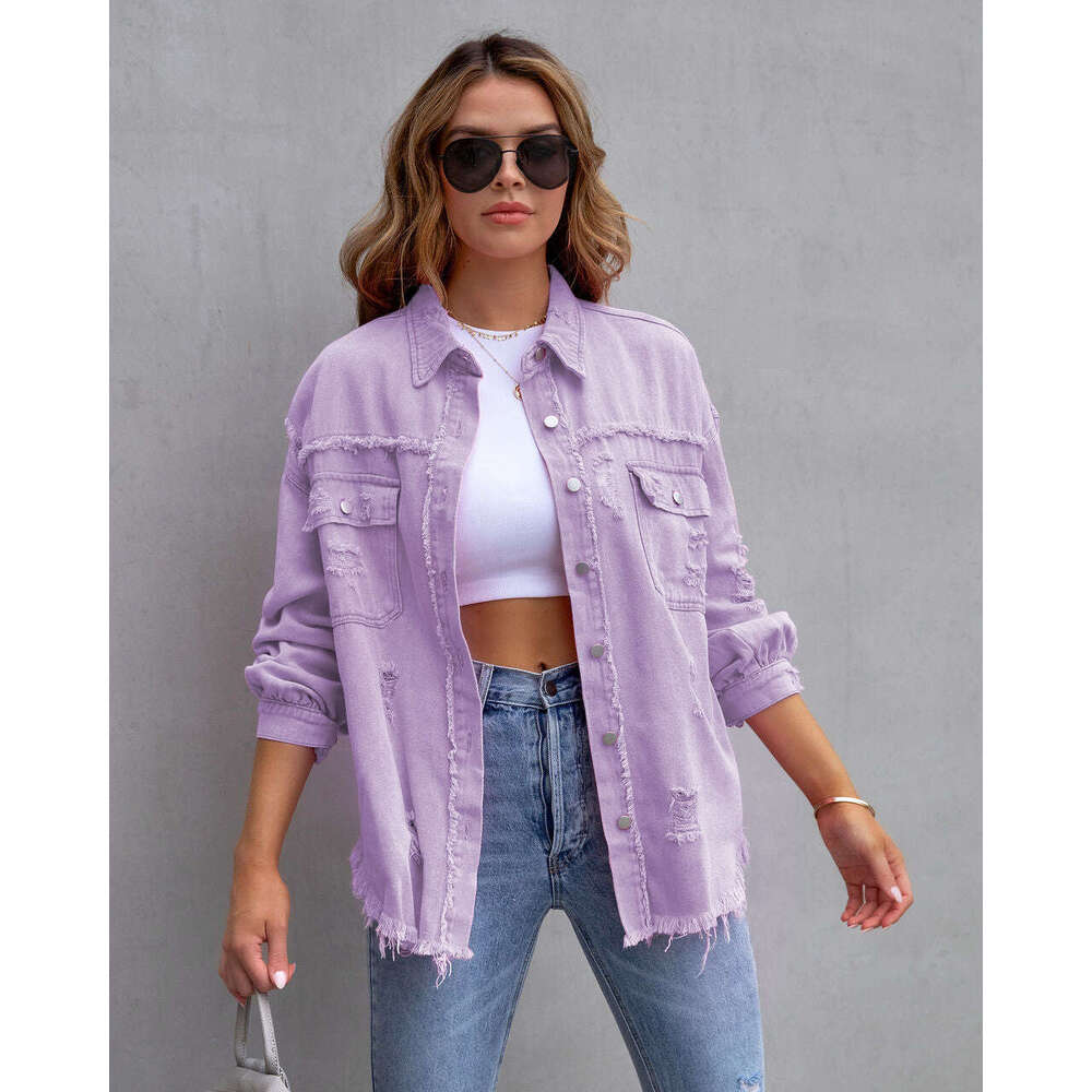 European American style medium denim jacket with frayed edges holes, women's autumn and winter long sleeved collar top, 2025 new casual fashion t