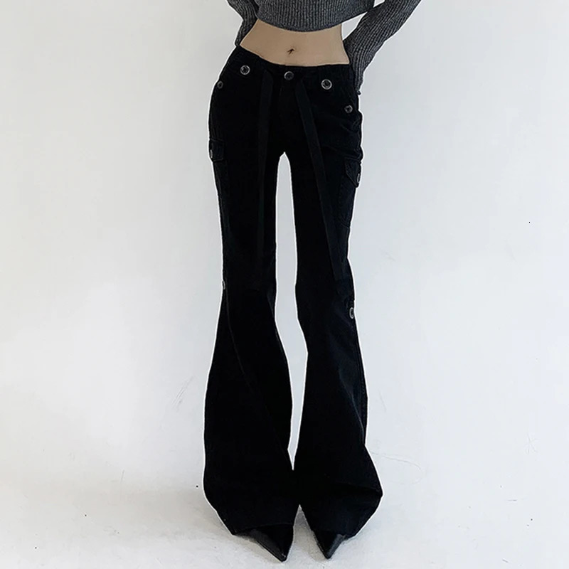 Rockmore Brown Low Rise Flare Jeans Suitable for Womens Street Clothing Y2K Aesthetic Product Retro Denim Trouser Grunge Fairycore 250311