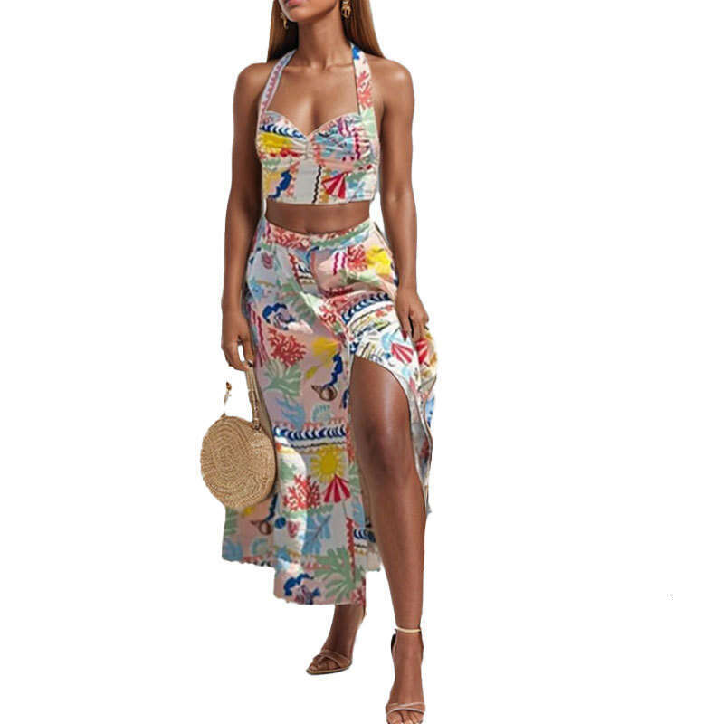 2025 Spring New Women's Neck Strap Printed Split Skirt Two Piece Set KLMY