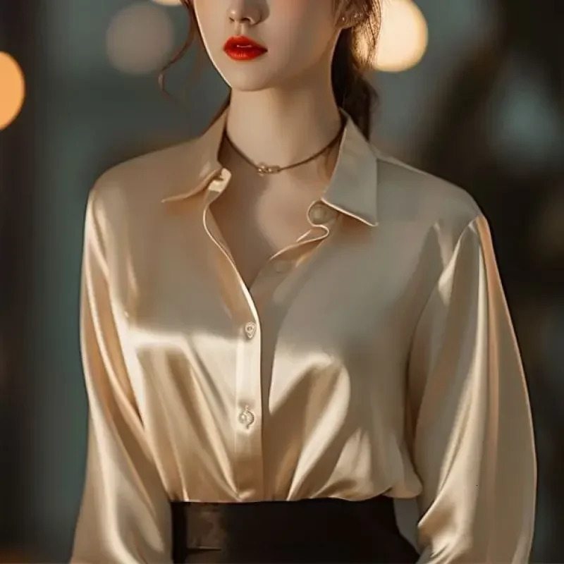 French Black Shirt Tops Spring Autumn Womens Solid PoloNeck Blouses Button Up Elegant Loose Long Sleeve Clothes Office Ladies 250310