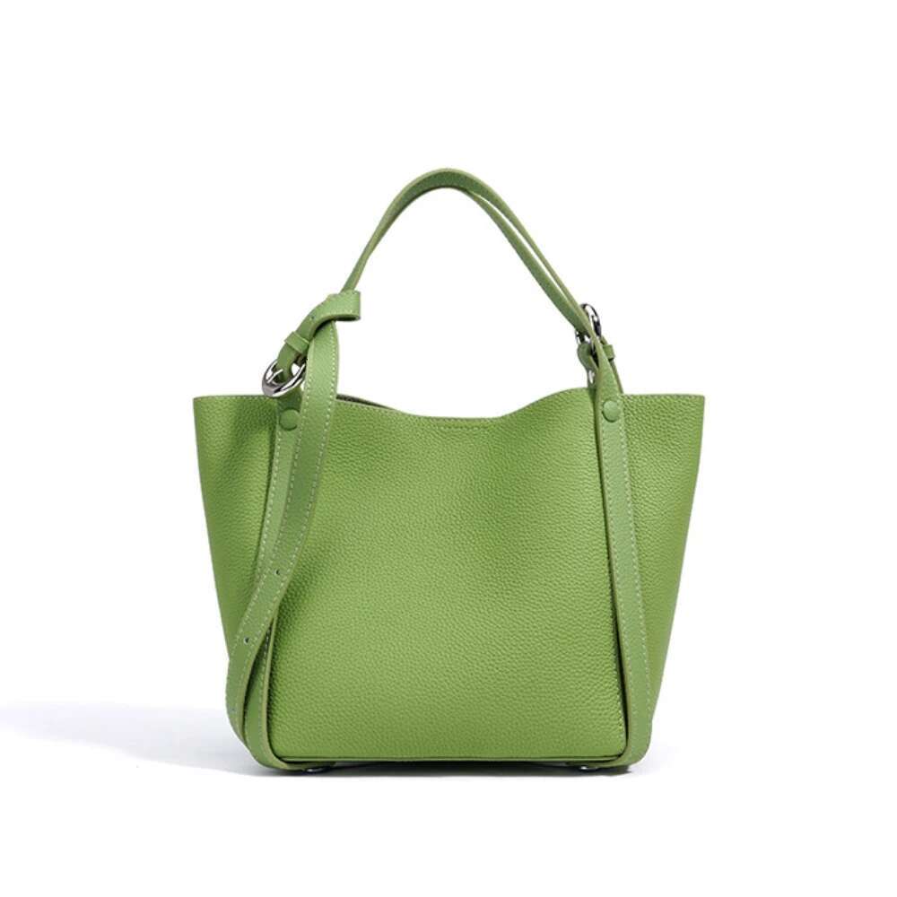 New 2025 Spring Summer Avocado Green Color Basket Shopper Tote Fashion Real Cow Leather Women Shoulder Bag Lazy Style Handbag