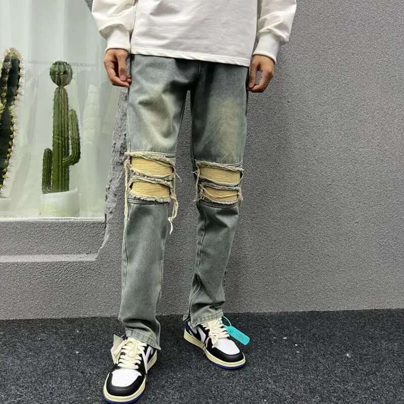 Men s Worn out Jeans For Spring And Summer 2025 Casual And Loose Fashion Designer Korean Zipper Wide Leg Beggar Work Pants Retro Pure Cotton Pants Cas