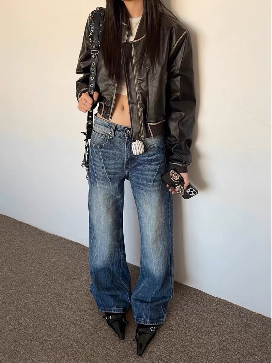 Men's Jeans Burst Pattern Y2K Mens Hip Hop Retro Blue Baggy Jeans Denim Pants Goth High Waisted Wide Trousers