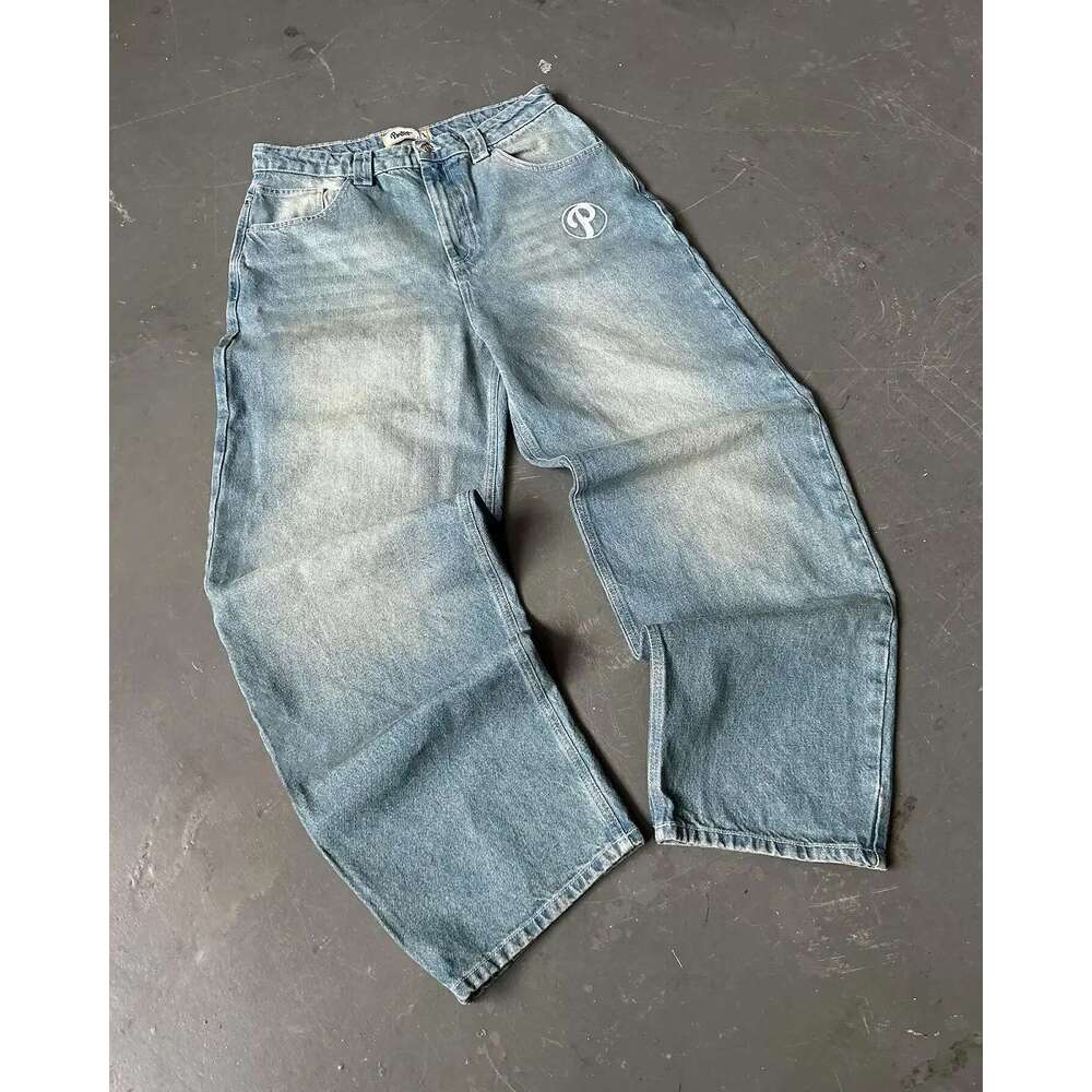 Jeans Jeans PROTECT Streetwear Y2k Mens Pants Haruku Hip Hop Letter Embroidery Vintage Blue Baggy Jeans High Waist Wide Leg Trouser