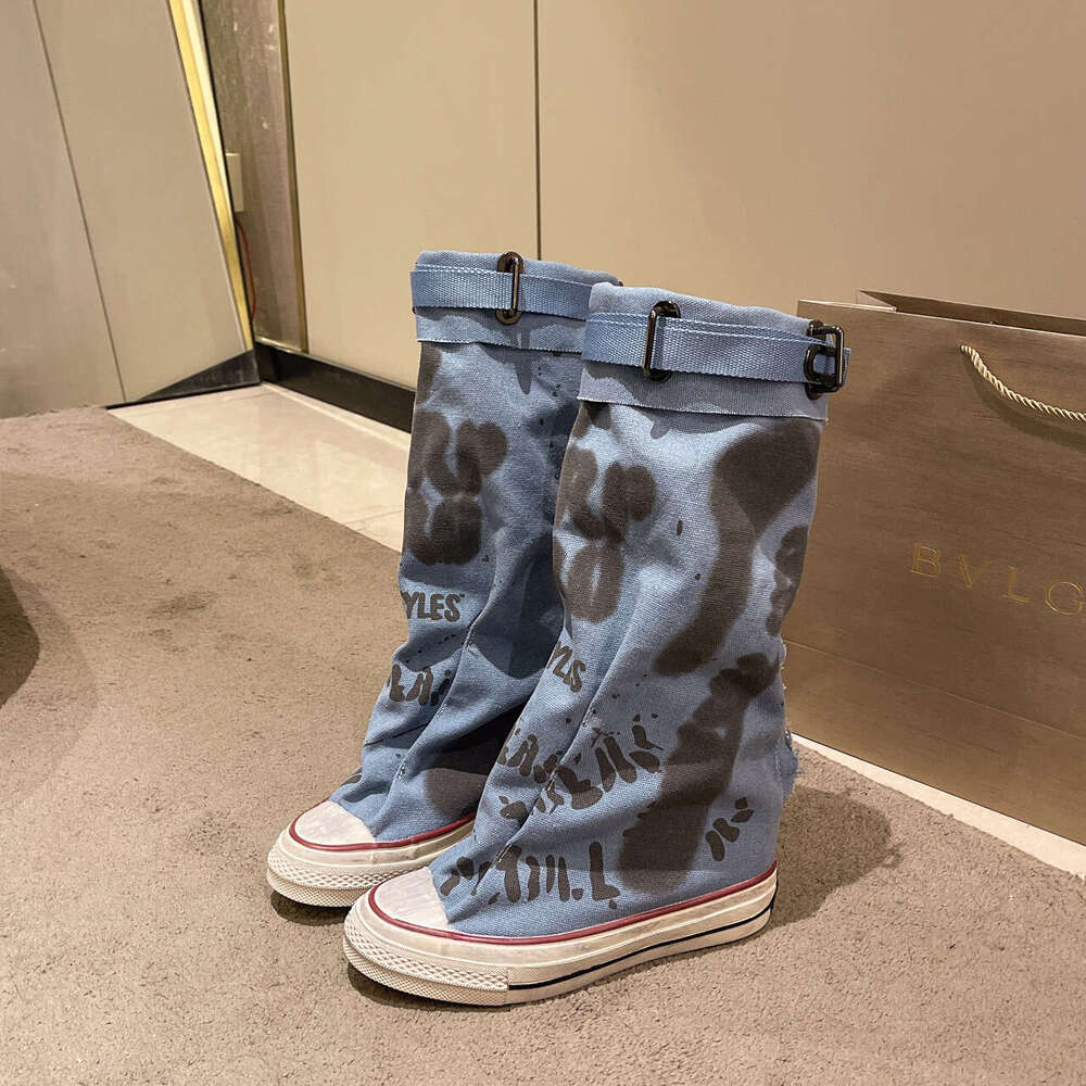Graffiti High Top Canvas Shoes Women's Spring Wide Mid 2024 New Trouser Barrel Stacking Boots dh911125171