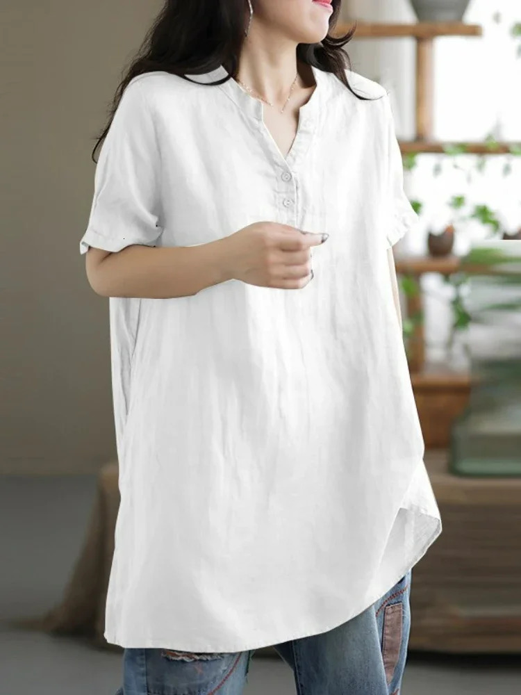 Summer Fashion Cotton and Hemp Womens Shirt Commuting Style Casual Half Open Short Sleeve Top 250311