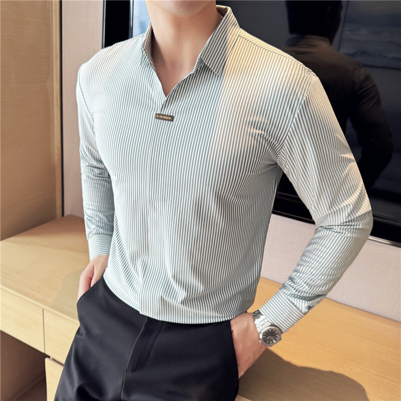 Thin striped long sleeved polo shirt for men, business casual t-shirt, men's dark placket, Korean version, high elasticity, autumn and winter new