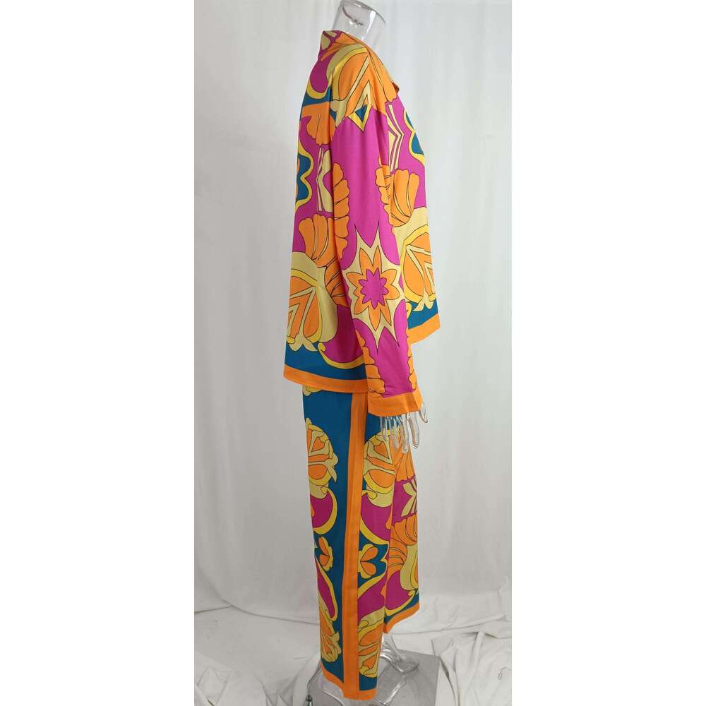 Women's Loose Printed Long Sleeved Shirt With Ethnic Style Casual Fashion Set Sampg KLMY