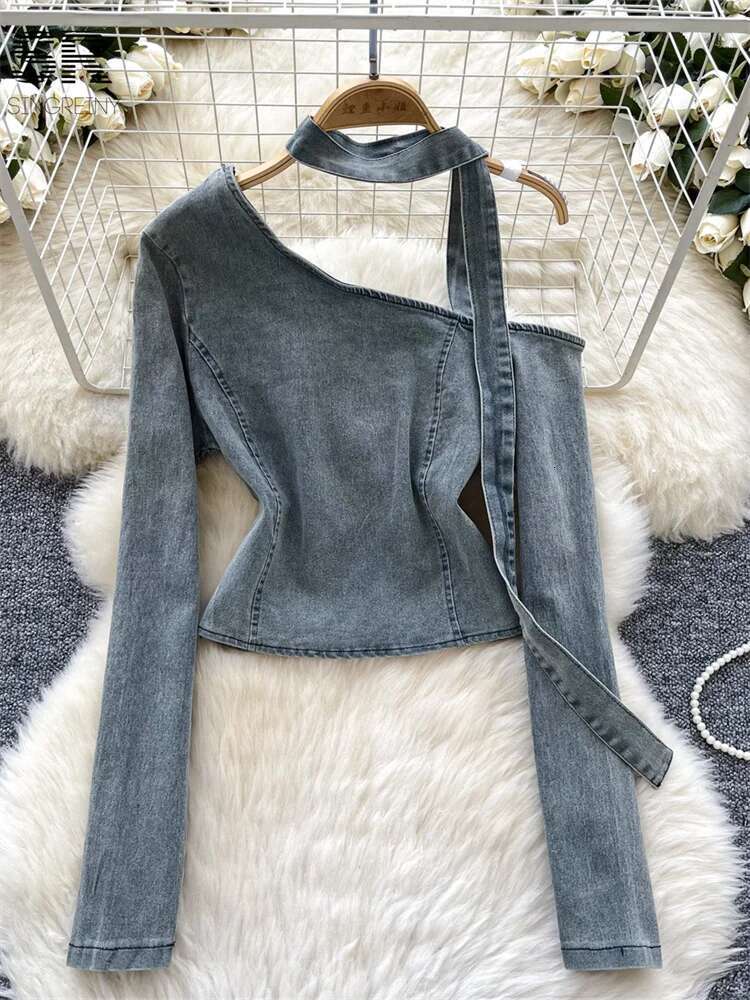 hoodie Hotsweet Denim Blouses Women Long Sleeves Skew Collar Newest Irregular Design Fashion Zipper Autumn Basics Tops jacket