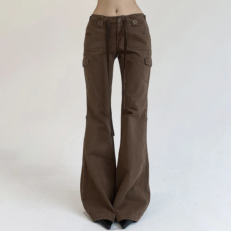 Rockmore Brown Low Rise Flare Jeans Suitable for Womens Street Clothing Y2K Aesthetic Product Retro Denim Trouser Grunge Fairycore 250311