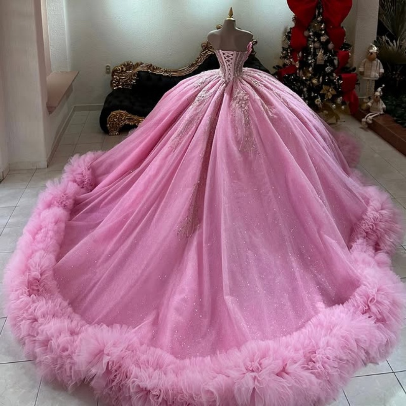 Pink Shiny Quinceanera Dresses Ball Gown Off The Shoulder Beading Crystal Tull Tiered Party Birthday Sweet 16 Dress Vestidos 15 De Anos