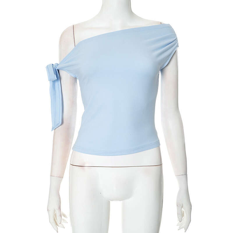 Y24tp328 European and American women's summer ins pleated single shoulder backless twisted tie asymmetrical t-shirt top 2025 new casual fashion t