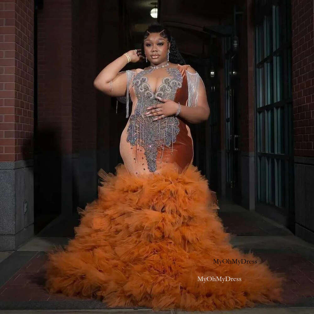 Ruffled Long Prom Dress For Black Girls Mermaid Sheer Crystals Birthday Party Dresses Elegant Evening Gown Customized al0311