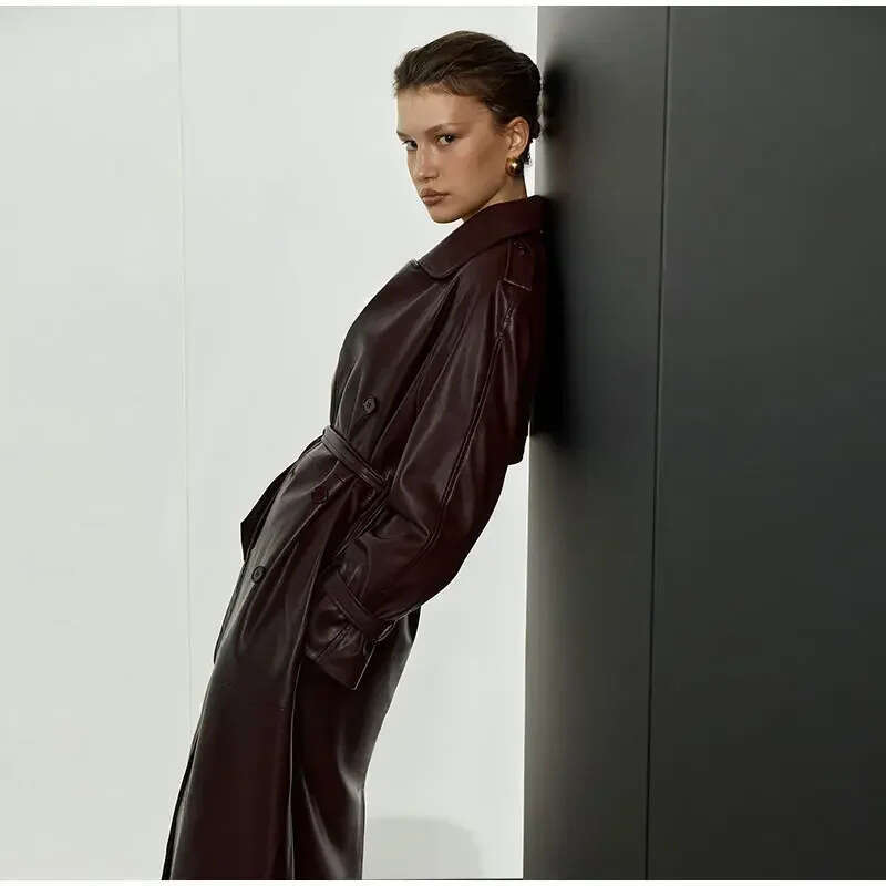 2024 Autumn Windbreaker With Elegant Temperament, PU Long Double Breasted Women's Lapel Coat