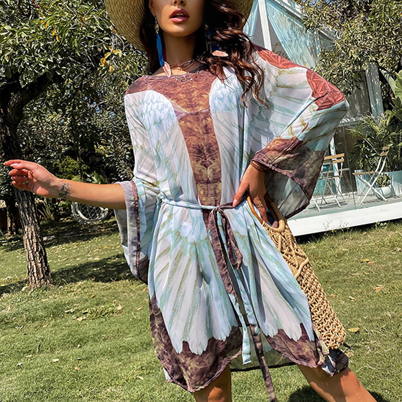 Beach Sun Protection Clothing With Loose Printed Angel Wings, Knitted Bikini, And Beach Cover