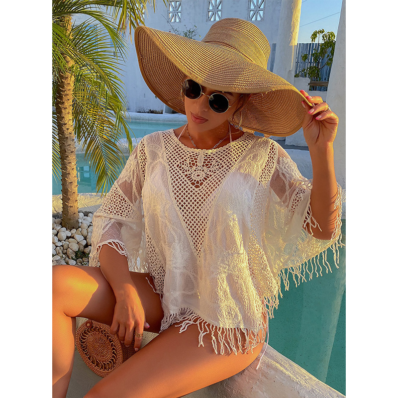 Beach Swimsuit Jacket Short Style Pullover With Hollow Weave Splicing Tassel Loose Sunshade Bikini Cover