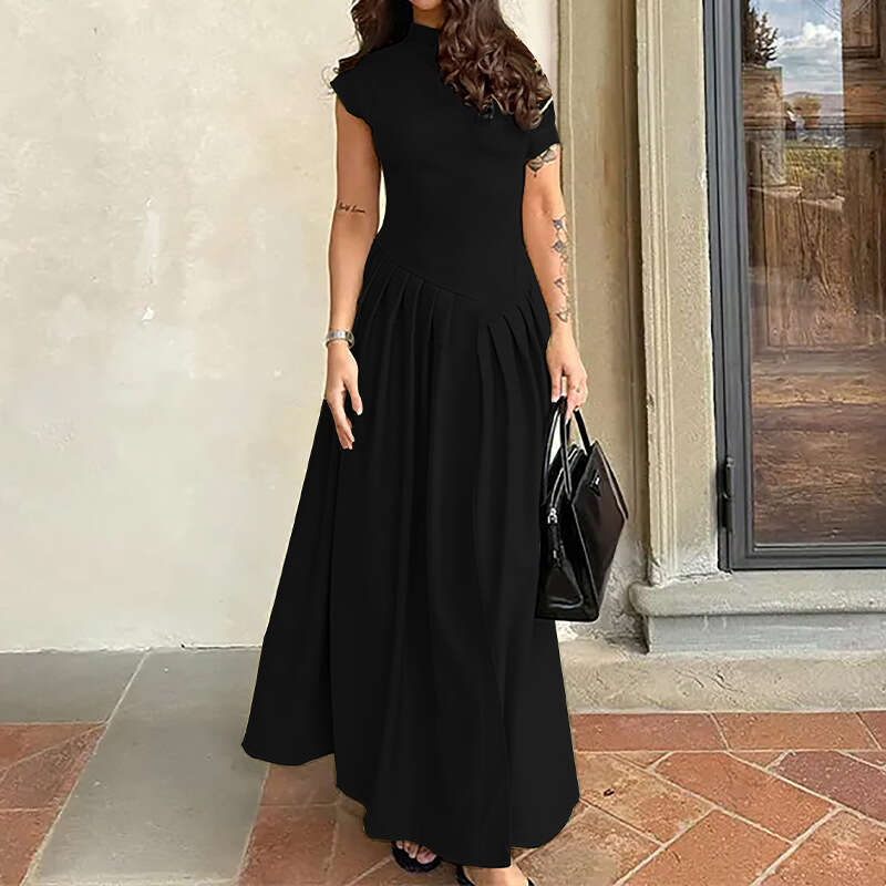 2025 New Women's Solid Color Round Neck Sloping Shoulder Irregular Pleated Spring Dress For Women 661 KLMY