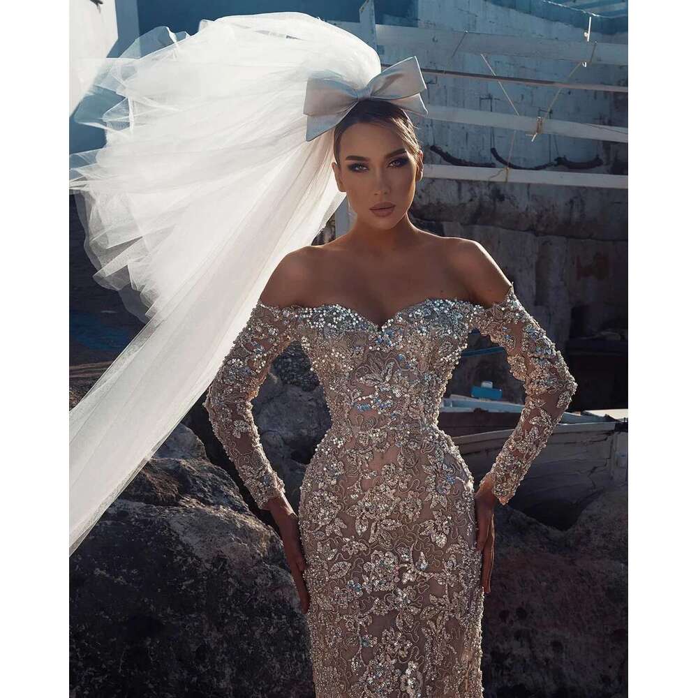 Essential Off Shoulder Beading Long Sleeve, Lace Bridal Dresses, Up To The Floor, Glitter