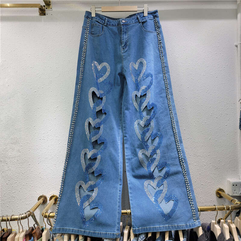 Style, Personality, High-End Feel, Heart-Shaped Splicing, Hollowed Out High Waist, Elastic Straight Tube, Slimming Jeans, Pants, Women's Pants