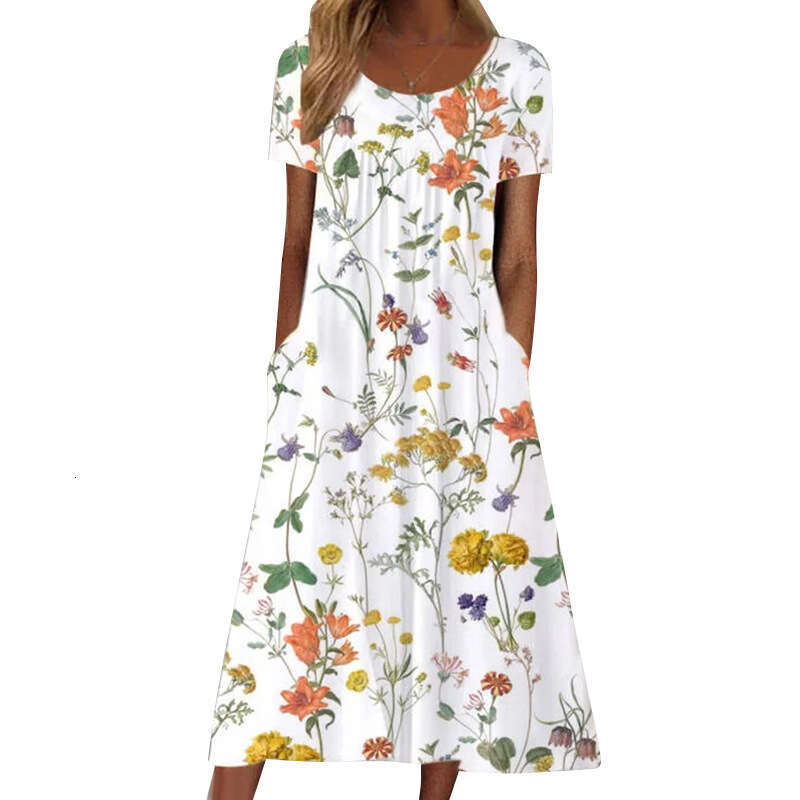 Factory direct sales of loose comfortable short sleeved printed dresses women's bohemian long dresses, with a versatile and trendy new style for 
