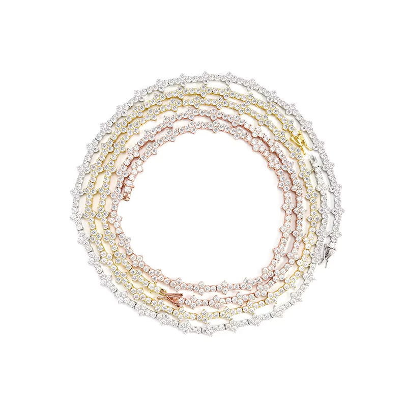 Fashion Jewelry Solid S925 Gold Plated 3mm Cross Hip Hop Jewelry Necklace VVS D Color Moissanite Diamond Tennis Chain