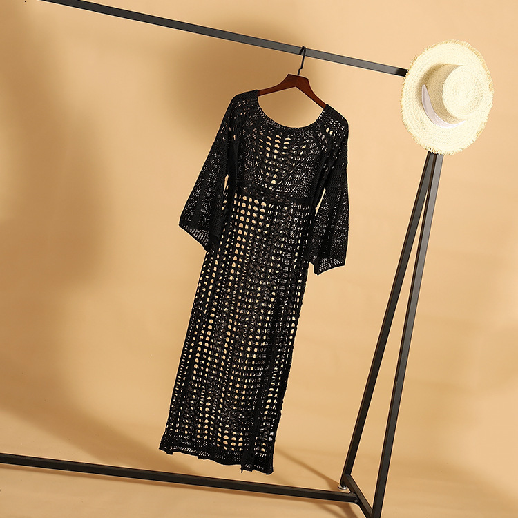 Sexy Hollowed Out Knitted Beach Sleeved Slit Vacation Long Skirt, Swimsuit, Outer Cover, Sun Protection Suit