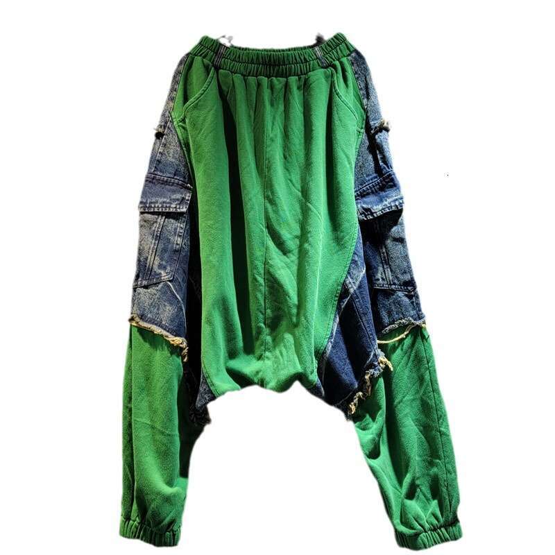 Design Sense, Street Fashion, Cool Personality, Vintage Style, Color Blocking, Elastic Waisted Denim Fashion Set, Big Crotch, And Baggy Pants