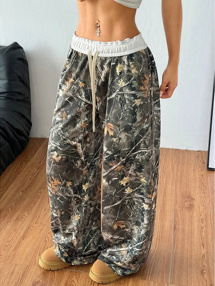 Oversized Hip Hop Baggy Pants Fashion Women Drawstring Pocket Branch Camouflage Wide Leg Pant Casual Sweatpant Cargo Trousers 250310