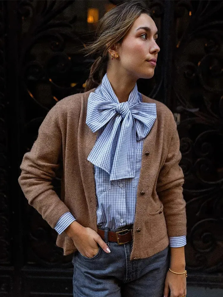 Vintage Plaid Bow Lace Up Collar Shirts Elegant Single Breasted Buttons Full Sleeves Pockets Blouse Women Spring Street Top 250311