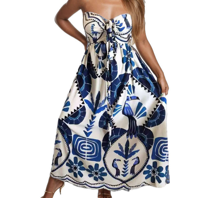 2025 Women's Elegant Printed Fashion Hollow Neck Strap Loose Spring Dress For Women KLMY