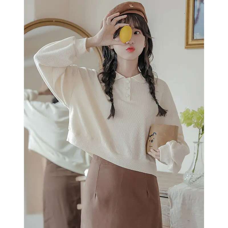 Femme Spring Summer Fashion Simplicity Button Solid Color Turn-Down Collar Sweatshirts All-Match Young Style Loose Long Sleeve