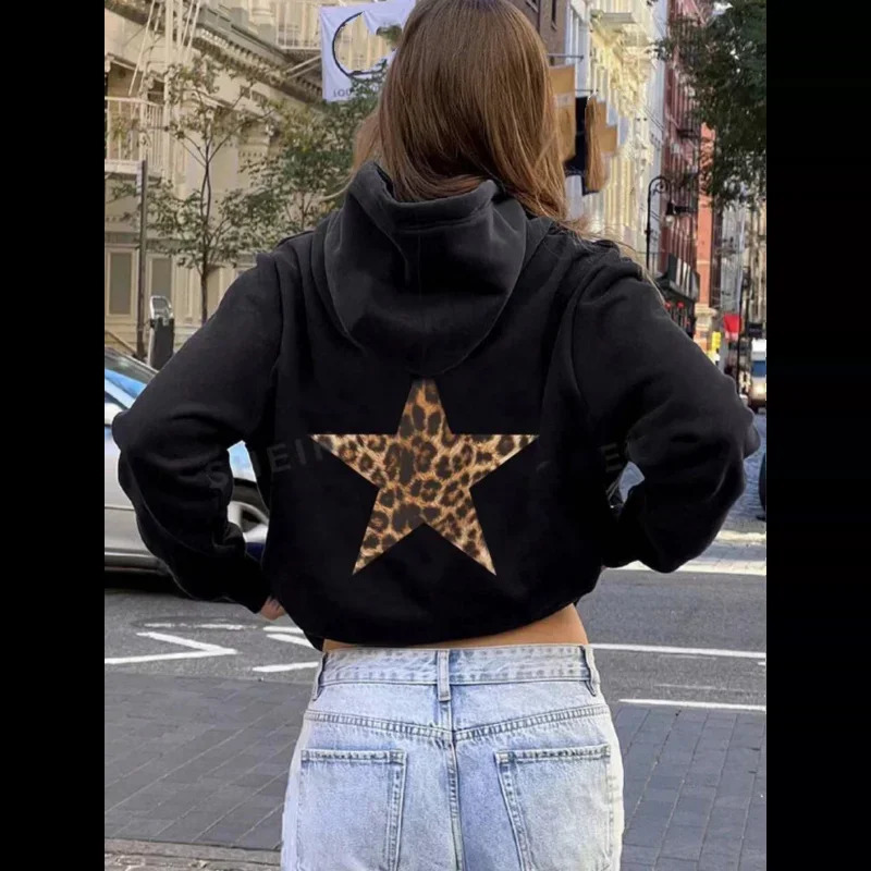 2025 Women Oversized Fleece Hoodies Female Long Sleeve Hooded Sweatshirt with Pentagram Leopard Print Casual Loose Pullover 250311