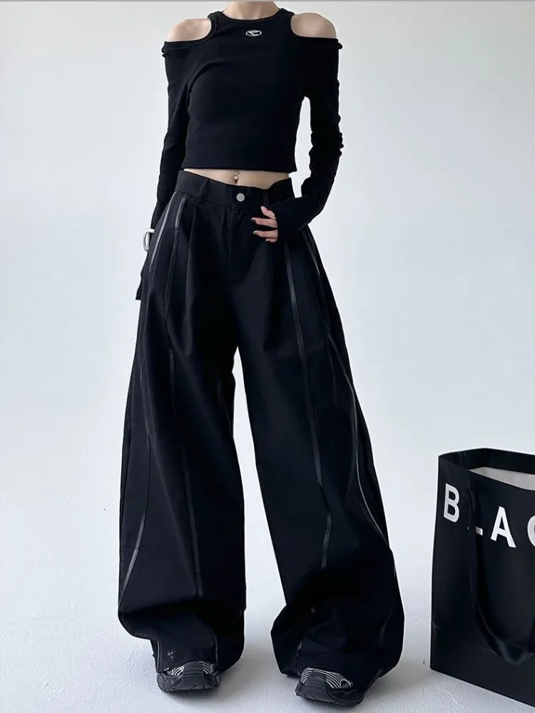 HOUZHOU Y2k Baggy Black Patchwork Pants Leather Striped Vintage Woman Oversized Harajuku Trousers Korean Casual Slacks Autumn 250305
