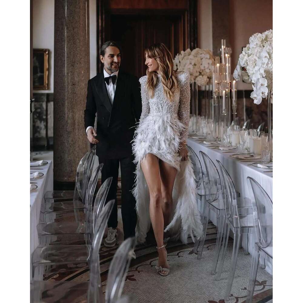 Pearl Round Neck Mermaid Wedding Dresses Fashion Sleeve Full Feather Custom Made Sweep High Division Bridal Dress