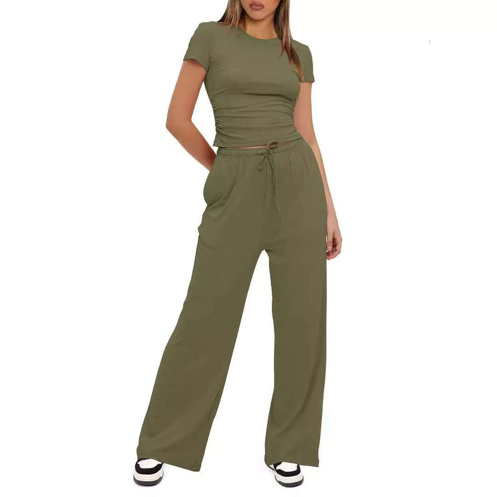 European and American product solid color casual suit pleated short sleeved top high waist wide leg pants sportswear 2025 temperament versatile new tr