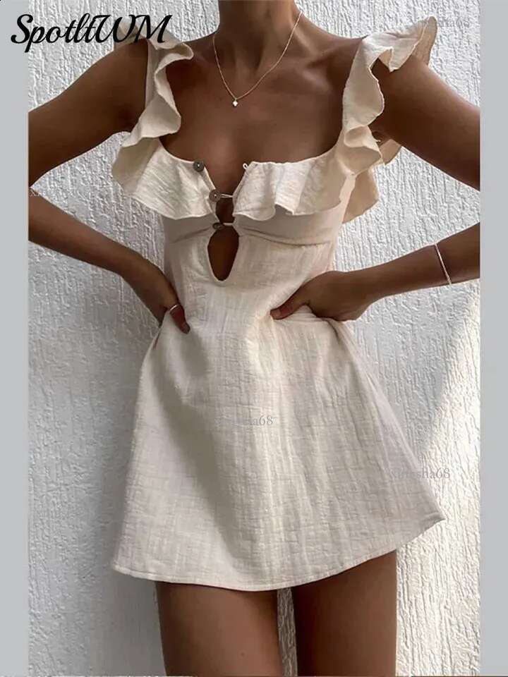 Sexy Cotton Linen Hollow Button Mini Dress Square Neckline Strapless Short Skirt 2024 Summer Street Vest 24