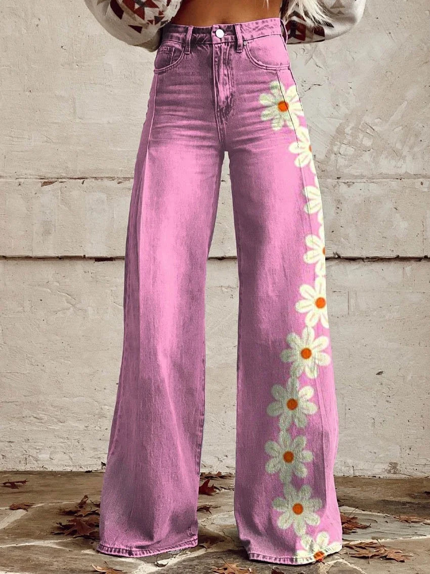 Fashionable daisy womens jeans high waist wide leg pants loose womens thin jeans 250306