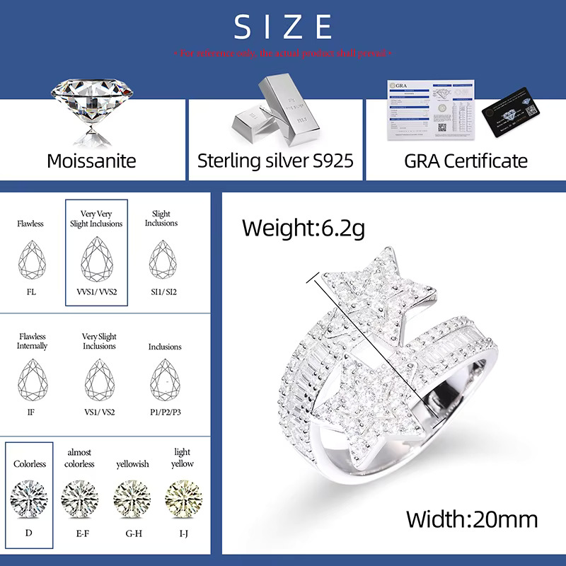 Luxury Engagement Jewelry Gift 925 Sterling Silver VVS Moissanite Diamond Baguette Moissanite Star Ring