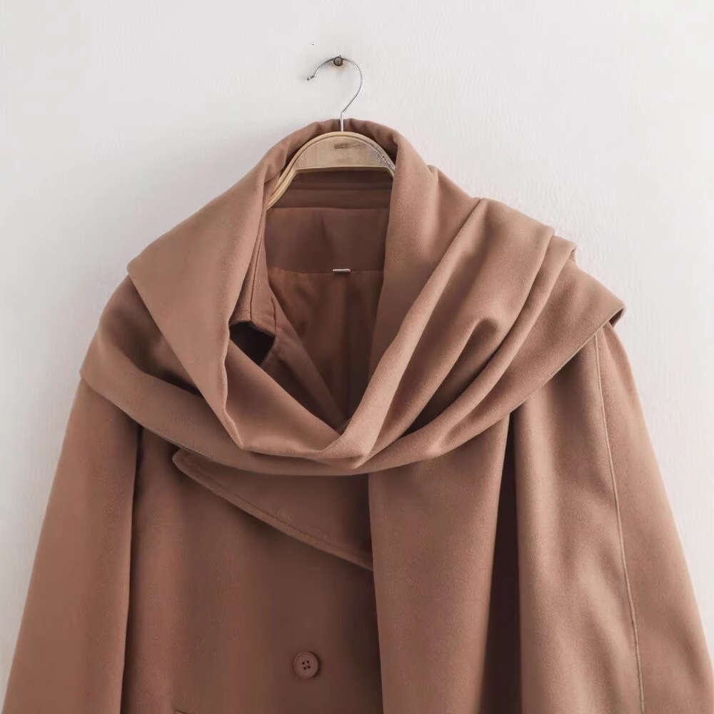 2025 Spring Style Double Breasted Scarf Collar Extended Woolen Coat Women's Wear