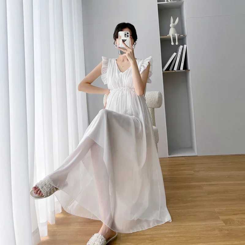2806# Summer Maternity Photography Dress Elegant Ruffle V Neck High Waist Slim Clothes for Pregnant Women Sexy Hot PregnancyT250311